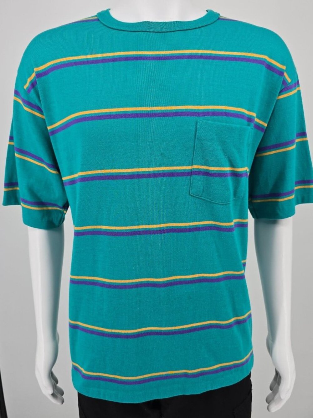 Vintage 1990s Wentworth Made in USA Teal Striped Polycotton Pocket T-Shirt (XL)